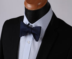 Navy Blue Check Mens Silk Self tie Bow Tie with Pocket Squares Set