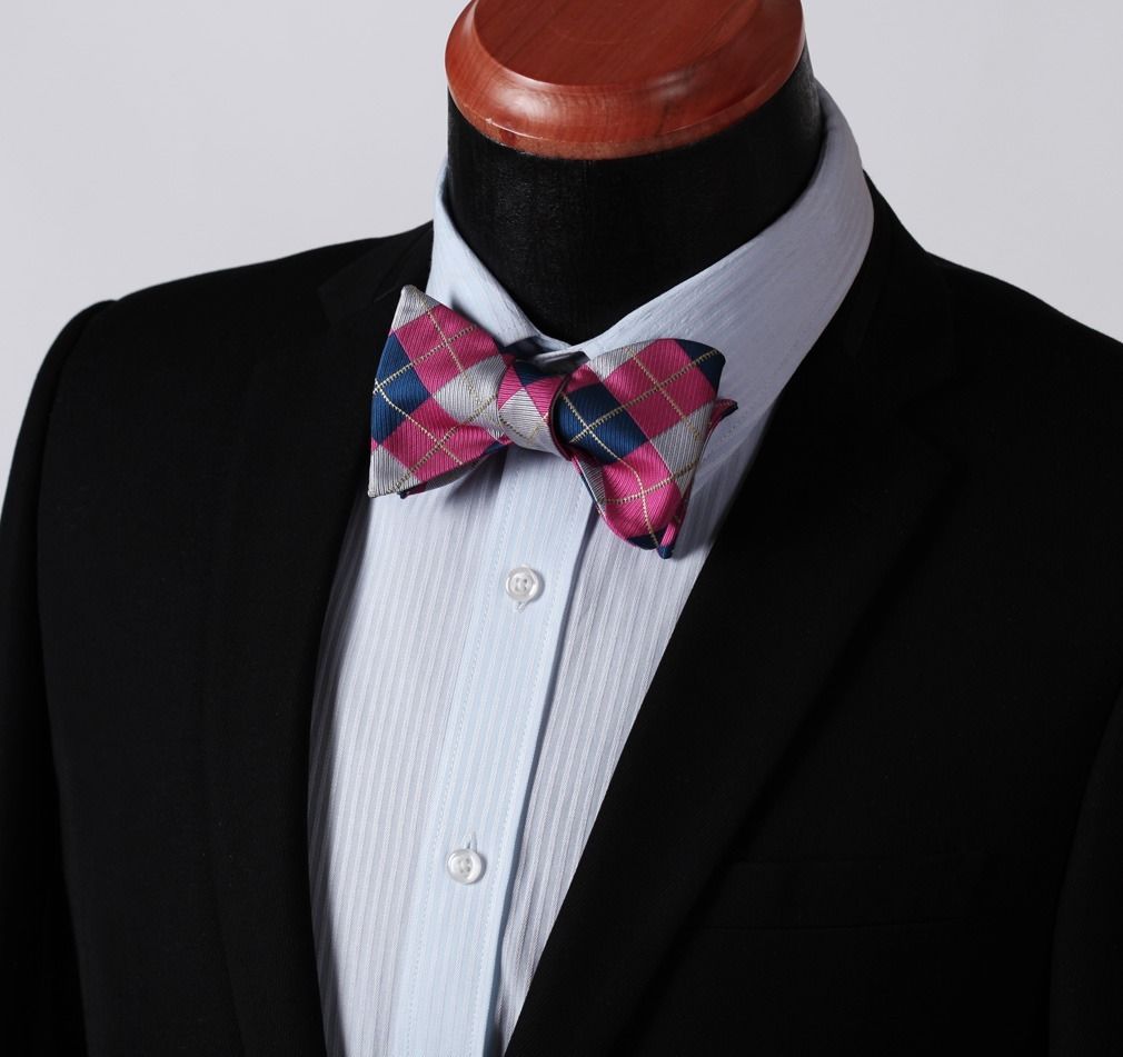 Men's Pink Gray Check Silk Self Bow Tie & Handkerchief - Amedeo Exclusive