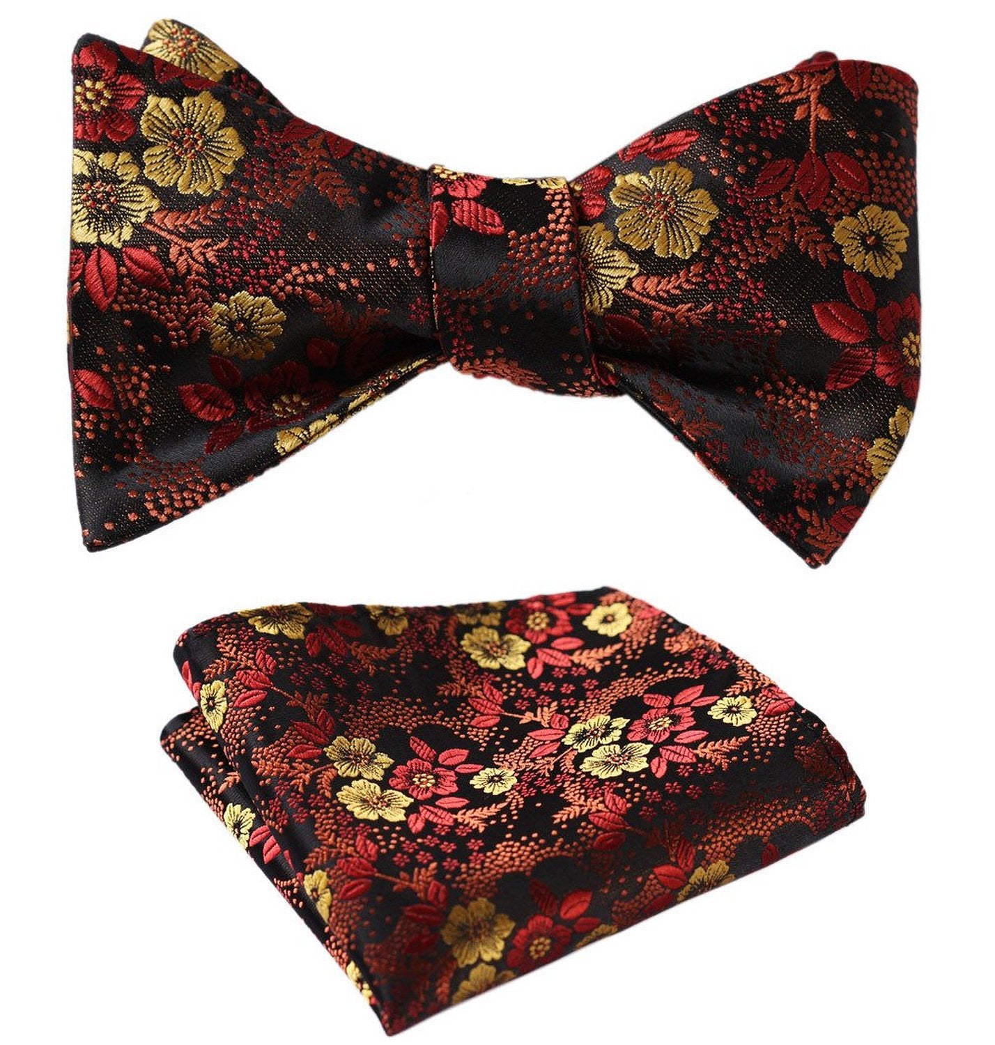 Men's Silk Orange Floral Self  Bow Tie Pocket Handkerchief - Amedeo Exclusive