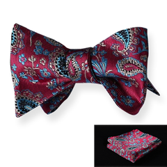 Red Blue Paisley Mens Silk Self tie Bow Tie with Pocket Squares Set - Amedeo Exclusive