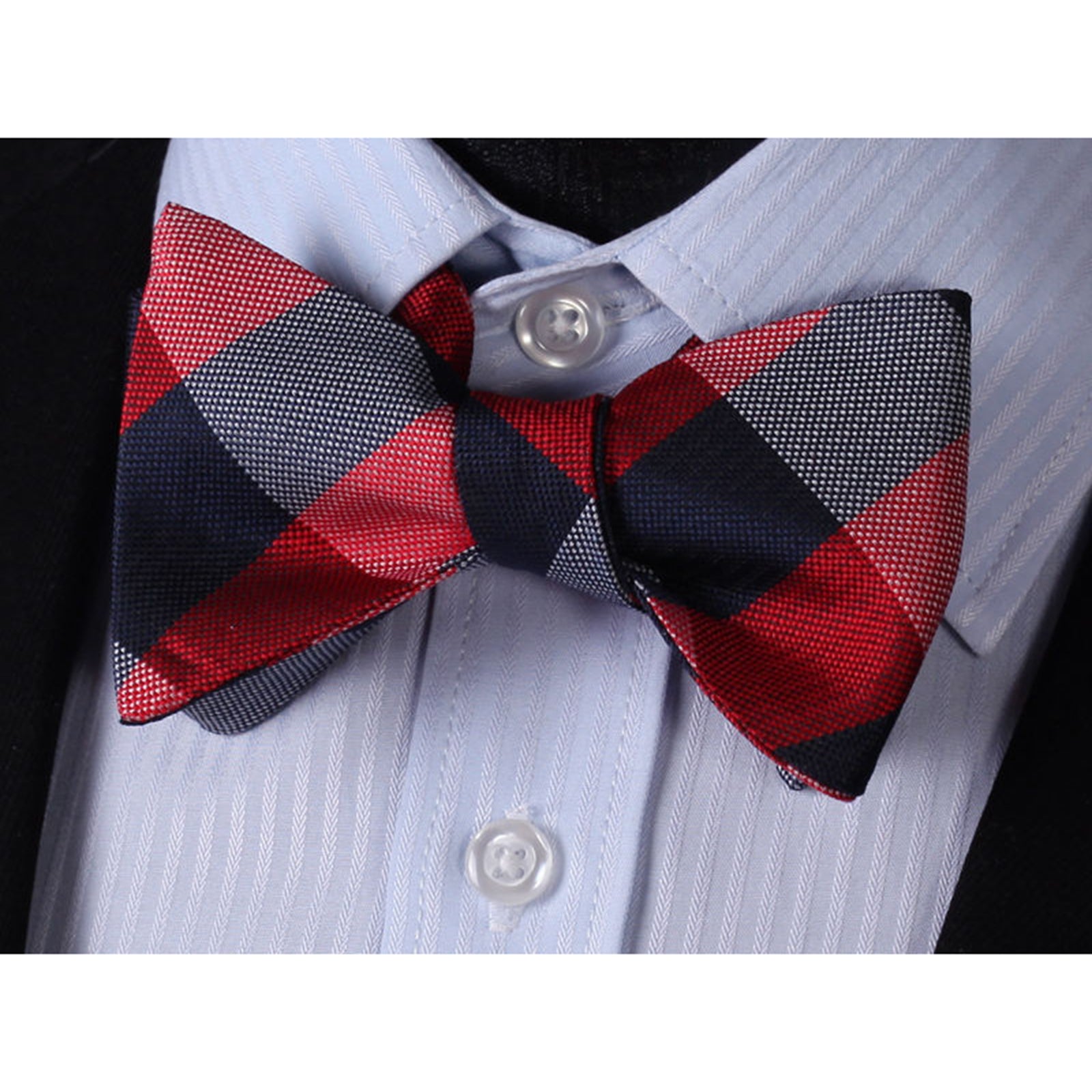 Red Navy Check Mens Silk Self tie Bow Tie with Pocket Squares Set - Amedeo Exclusive