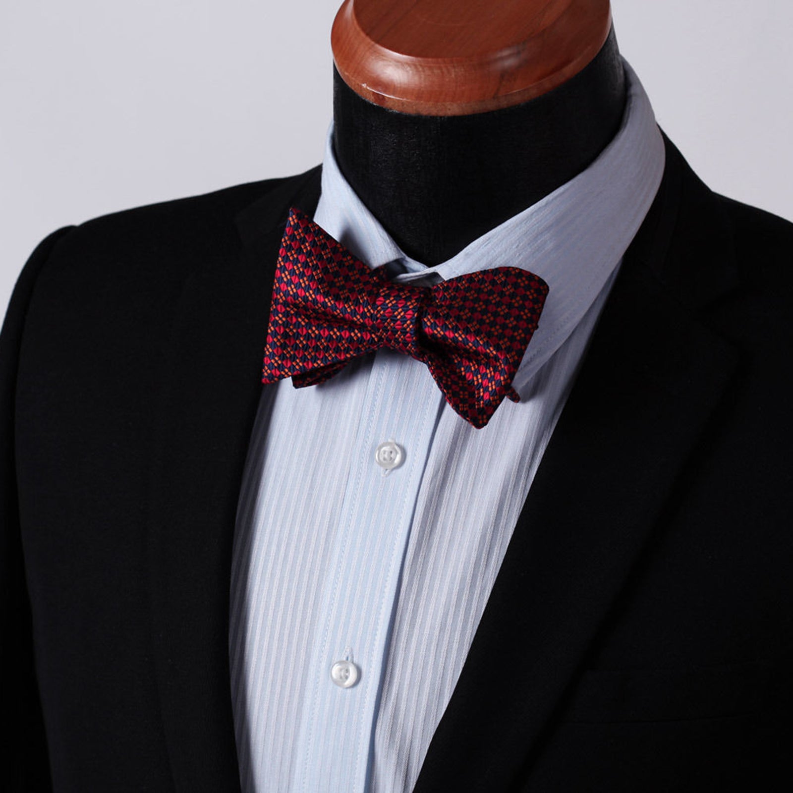 Men's Silk Orange Blue Check Self  Bow Tie Pocket Handkerchief - Amedeo Exclusive