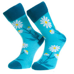 Blue and White Flower Printed -European Made - Egyptian Cotton Socks - Premium Cotton Fun socks with Soft Elastic