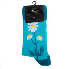 Blue and White Flower Printed -European Made - Egyptian Cotton Socks - Premium Cotton Fun socks with Soft Elastic