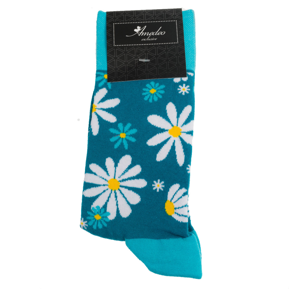Blue With White Flowers-European Made - Egyptian Cotton Socks - Premium Cotton Fun socks with Soft Elastic