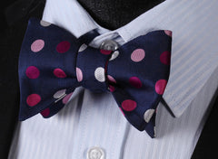 Men's Silk Pink Navy Blue Polka Dot Self Bow Tie Matching Handkerchief - Amedeo Exclusive
