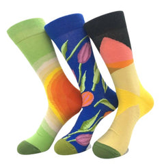 Floral Printed Mens Colorful Crew Socks - Premium Cotton Fun socks with Soft Elastic - 3 Pack Bundle