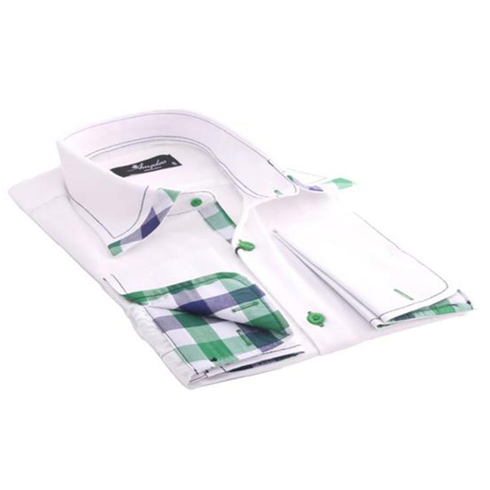 White with Green & Black Check Men's Dress Shirt, Button Down Slim Fit With French Cuff Casual And - Amedeo Exclusive